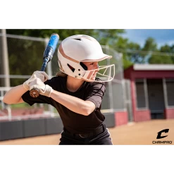 CHAMPRO HX Rise Pro Fastpitch Softball Batting Helmet With Facemask Two-Tone Glossy Finish (White/Rosegold) -Baseball Shop CHAMPRO HXRISEHELMET ROSEGOLD LIFESTYLE