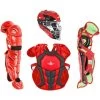 All-Star System 7 Axis Intermediate Baseball Catcher's Set, Chest Protector Helmet Leg Guards (Scarlet/Black) -Baseball Shop alstrs7axiscatchingkitages12 16scbl