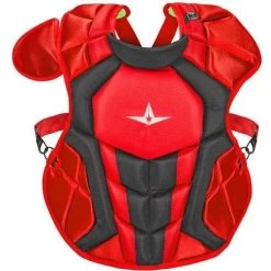 All-Star System 7 Axis Intermediate Baseball Catcher's Set, Chest Protector Helmet Leg Guards (Scarlet/Black) -Baseball Shop alstrs7axiscatchingkitages12 16scbl1